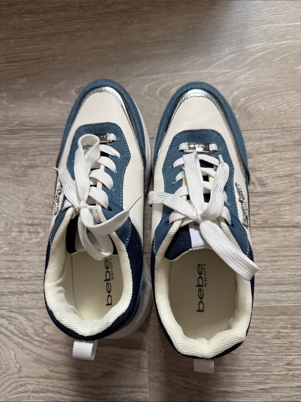 bebe Denim and White Platform Lace-Up Sneakers